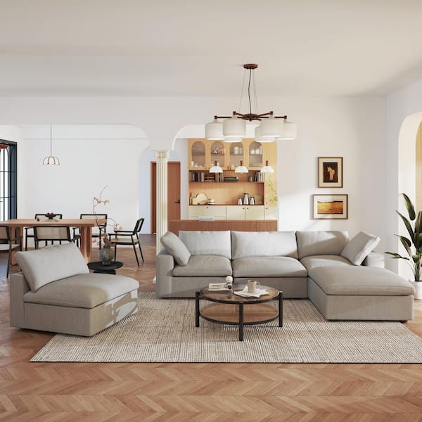 Tuxedo Couch L Shape Sofa with Ottoman 5-Piece Gray Linen Down Filled Convertible Living Room Set with Washable Covers
