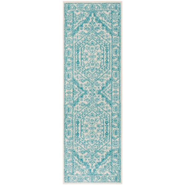 Adirondack Ivory/Teal 3 ft. x 8 ft. Border Medallion Runner Rug