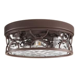 13.77 in. 2-Light Farmhouse Oil Rubbed Bronze Flush Mount Ceiling Light with Water Ripple Glass Shade