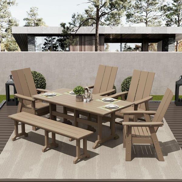 WESTIN OUTDOOR Shoreside Outdoor Patio Weather Resistant Weatherwood 6-Piece HDPE Plastic Adirondack Dining Set with Bench