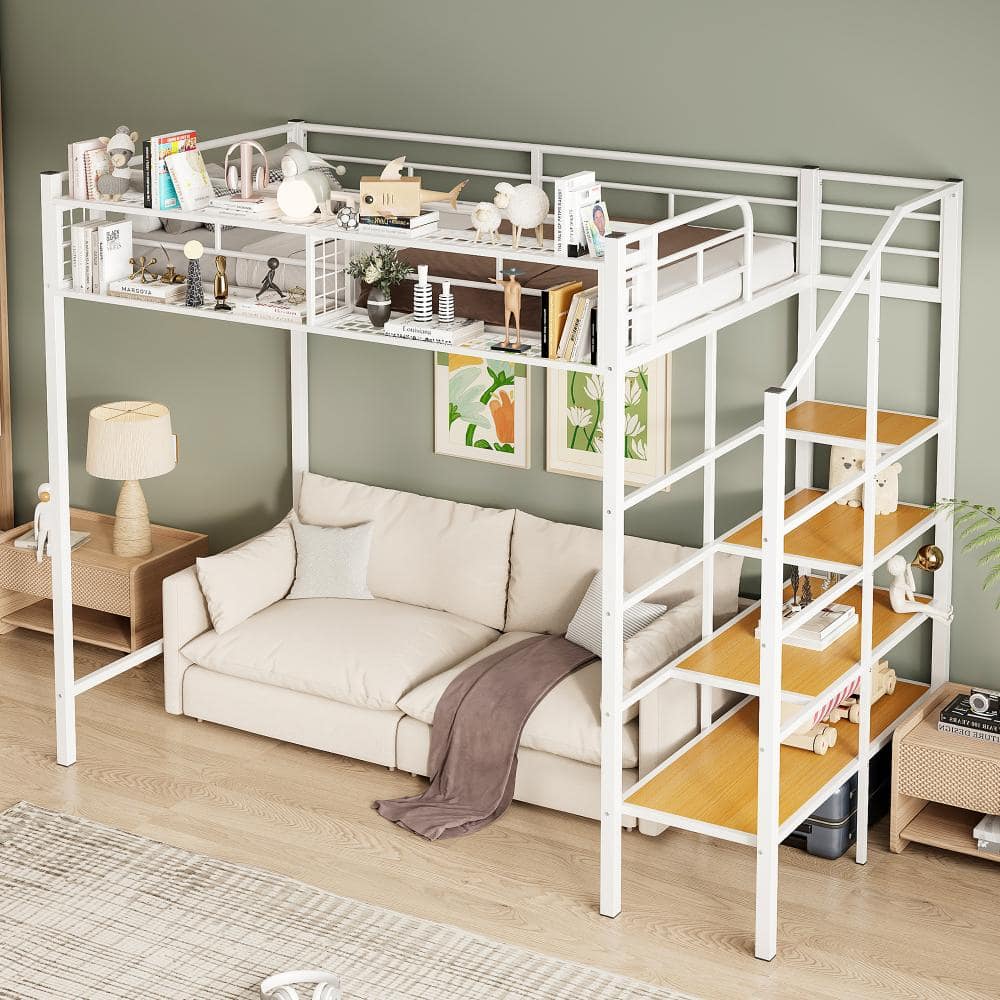 White Twin Size Loft Bed with Grid Storage Shelf, Storage Ladder price history on PriceWatchPro