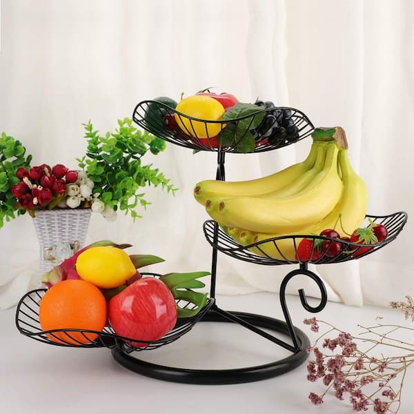 1 Piece 3-Tier Metal Wire Detachable Fruit Bowl Set, Modern Countertop Organizer for Kitchen Storage in Black