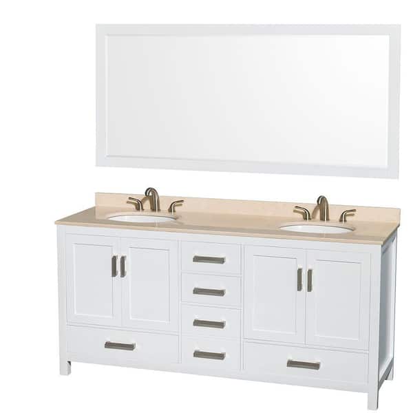 Wyndham Collection Sheffield 72 in. Double Vanity in White with Marble Vanity Top in Ivory and 70 in. Mirror