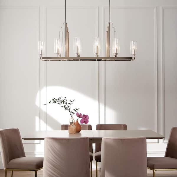 Kimrose 44.75 in. 10-Light Polished Nickel with Satin Nickel Art Deco Candlestick Linear Chandelier for Dining Room