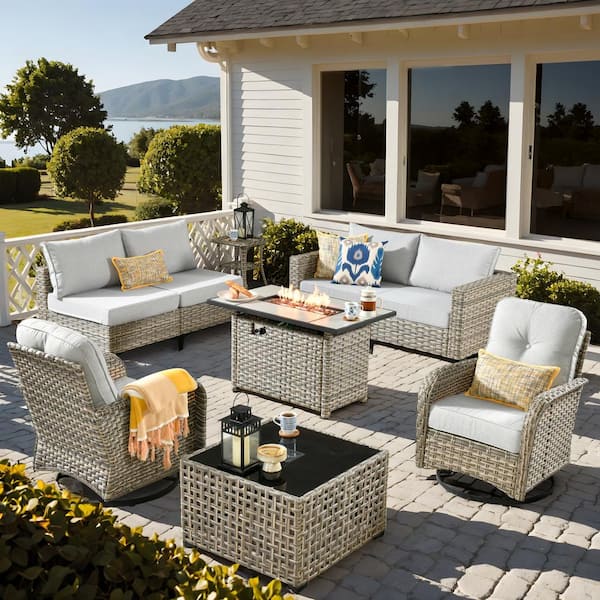 weaxty W Gerbera Gray 9-Piece Wicker Patio Fire Pit Conversation Sofa Set with Swivel Rocking Chairs and Light Gray Cushions