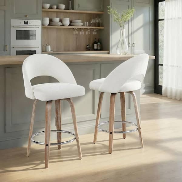 Renee Upholstered 38.5 in. Cream Fabric, White Washed Wood and Chrome Metal Fixed-Height Counter Stool (Set of 2)