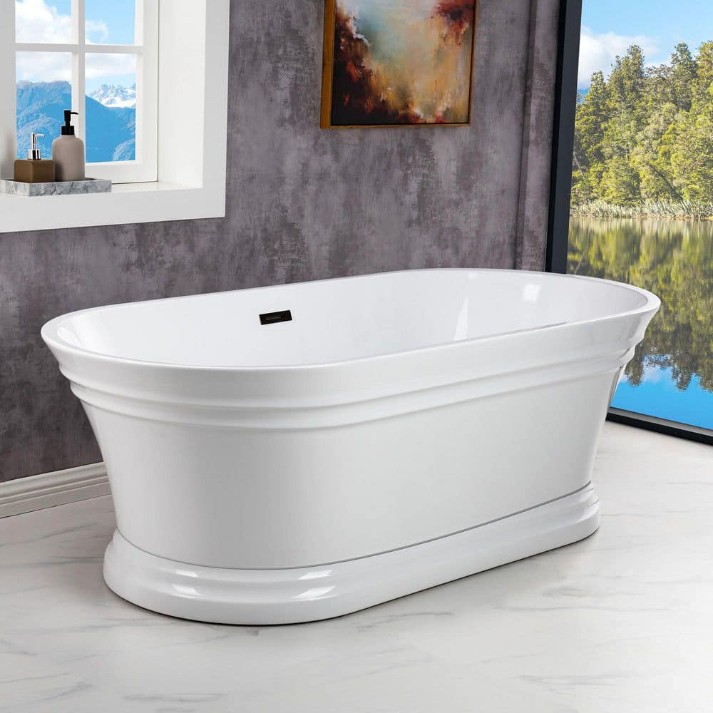 67" White Acrylic Freestanding Soaking Bathtub with Matte Black Trim