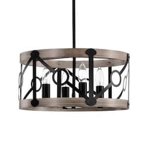 Copas 16 in. 4-light Indoor Matte Black and Faux Wood Grain Finish Chandelier with light Kit