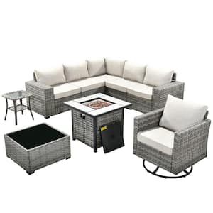 Metis 9-Piece Wicker Outdoor Patio Fire Pit Sectional Sofa Set and with Beige Cushions and Swivel Rocking Chairs