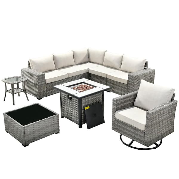 XIZZI Metis 9-Piece Wicker Outdoor Patio Fire Pit Sectional Sofa Set and with Beige Cushions and Swivel Rocking Chairs