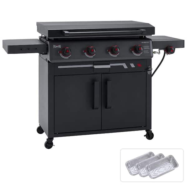 4-Burner Propane Gas Griddle 36 in. Heavy-Duty Flat Top Grill in Black with Lid, Side Burner and Foldable Side Table