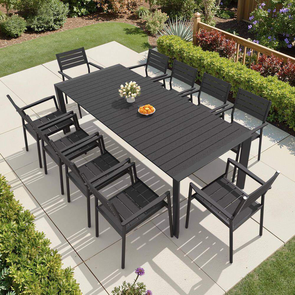 11-Piece Outdoor Dining Set with 10 Stackable Arm Chair 95.1 in. Dining Table with Umbrella Hole and WPC Board in Black