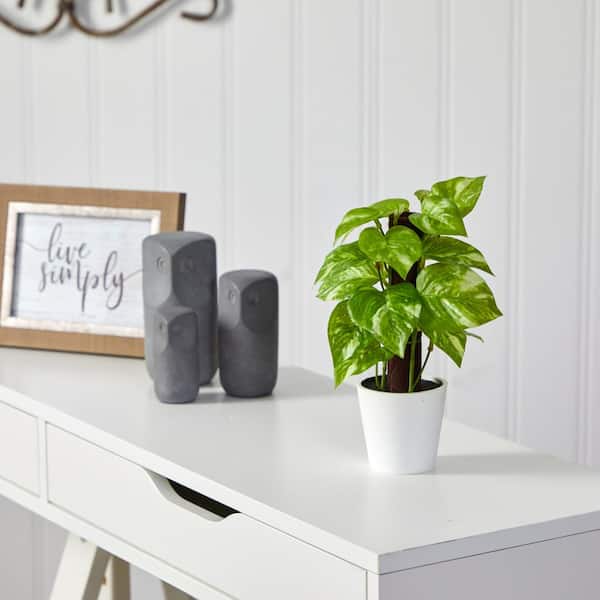Nearly Natural 9 in. Artificial Pothos Plant in White Planter (Real Touch)