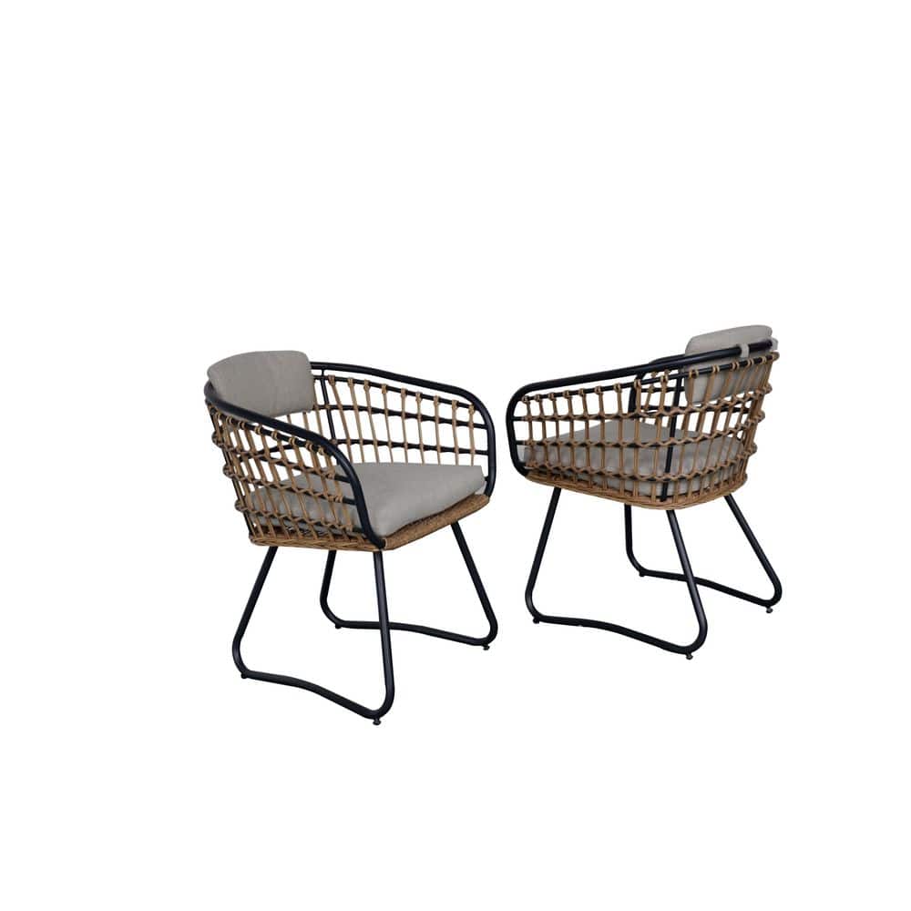 Black Wicker Outdoor Dining Chair with Beige Cushions for Lawn