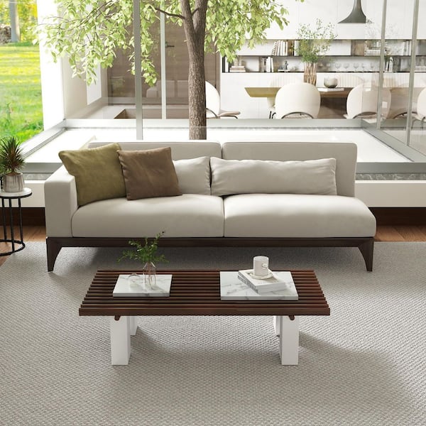 47.24 in. W Brown and White Rectangle Stone Tabletop Coffee Table with Hollow Lattice Design