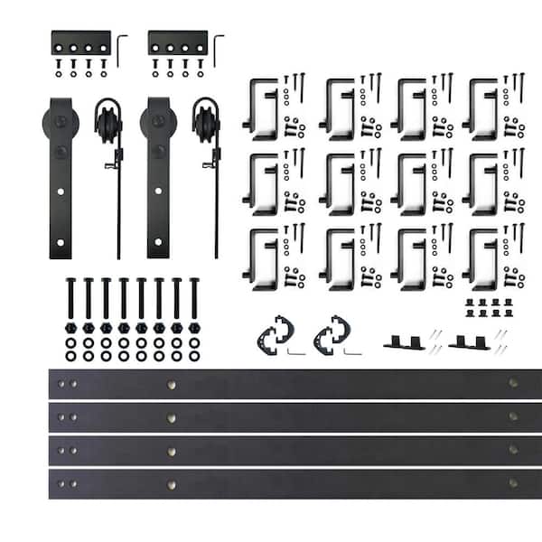 HOMACER 16 ft./192 in. Black Rustic Double Track Bypass U-Shape Sliding Barn Door Hardware Kit - Classic Design Roller