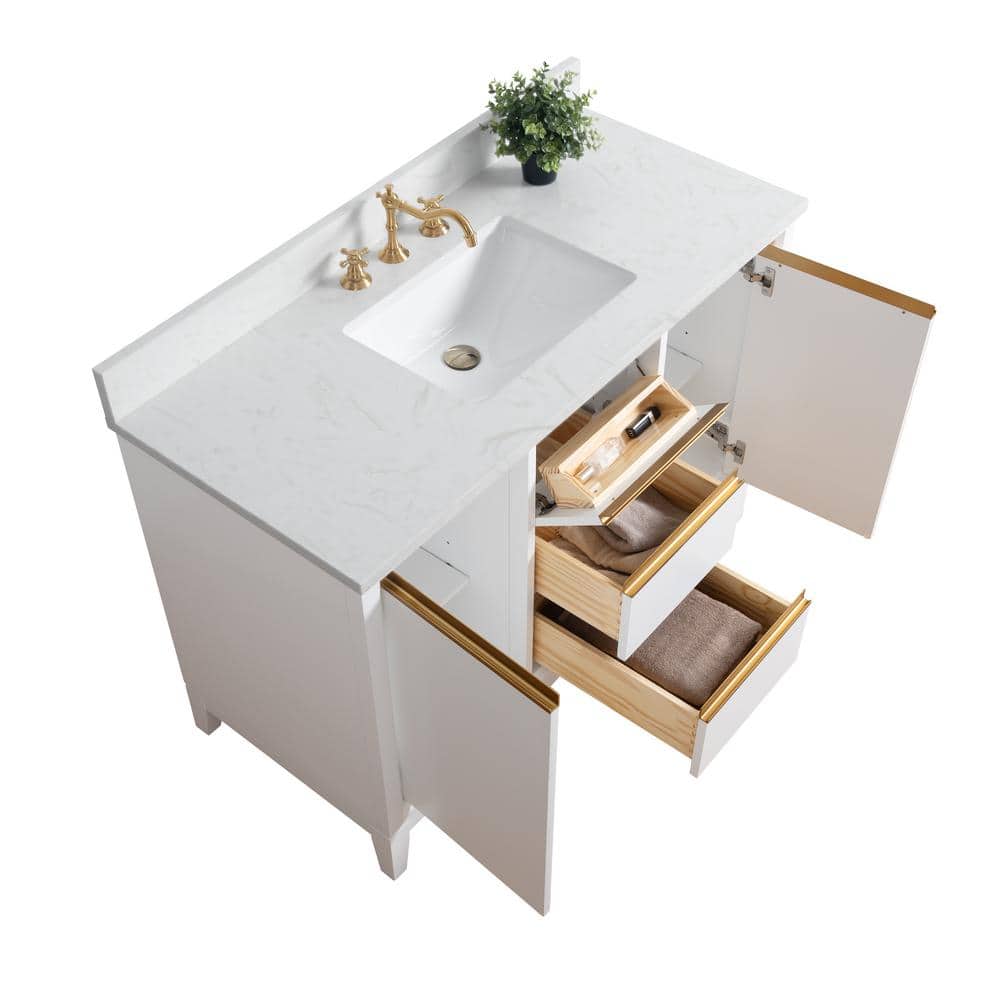 48" White MDF Freestanding Bathroom Vanity with Gold Accents