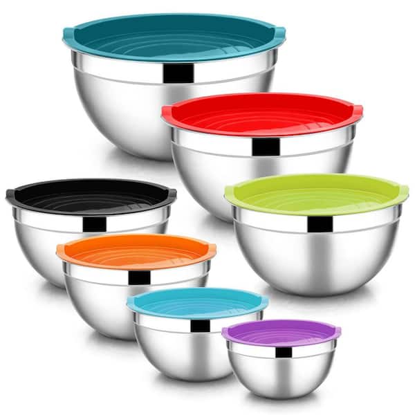 7-Piece Stainless Steel Mixing Bowl Set with Colorful Airtight Lids Nesting Design for Kitchen Food Prep