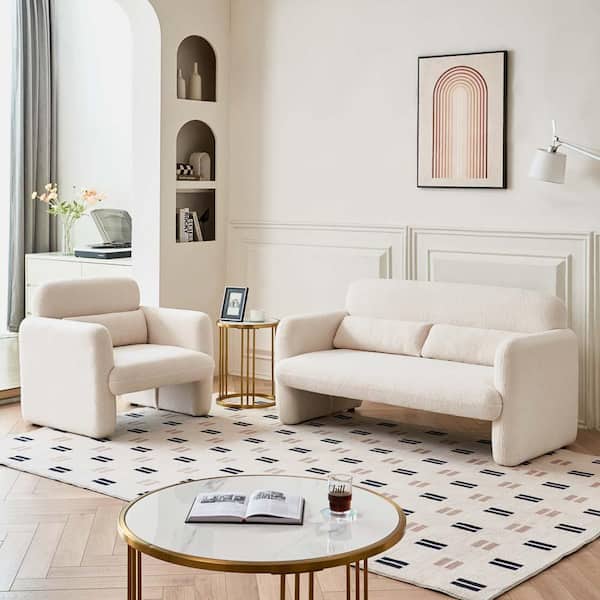 59 in. Straight Arm Lamb Fleece Fabric Rectangle Sofa in Beige with Support Pillow