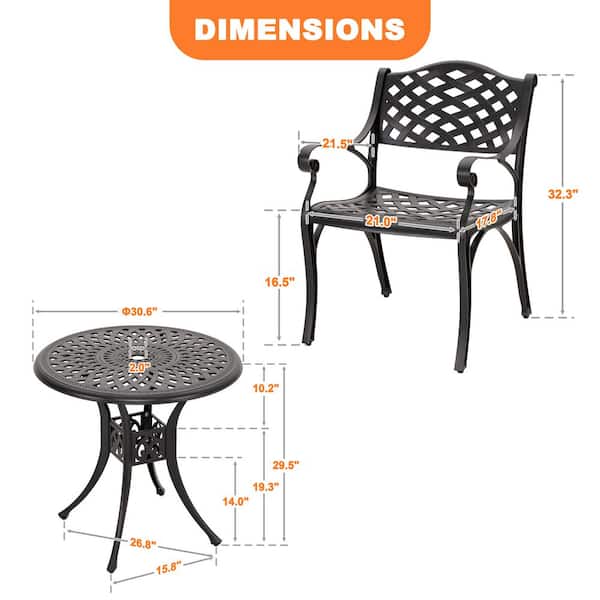 3-Piece Cast Aluminum Outdoor Bistro Set Patio Table Set with Umbrella Hole in Black
