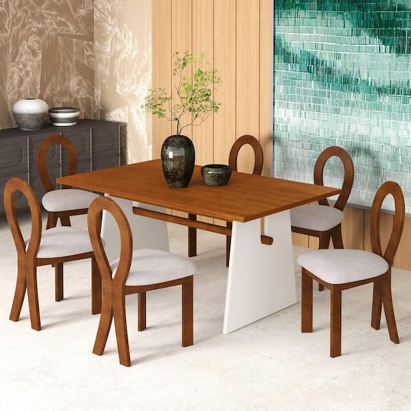 Polibi 7-Piece Modern Brown Wood Top Dining Room Set Seats 6