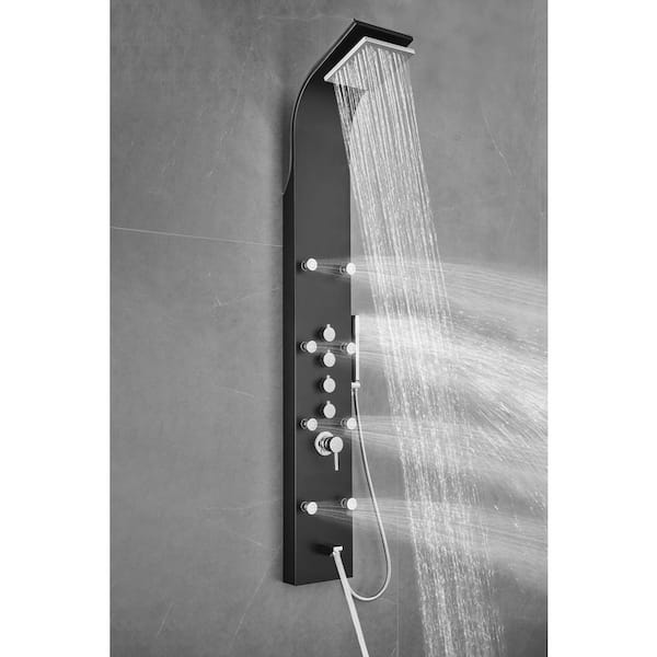 65in. 8-Jet Shower Panel System in Black Brushed Stainless Steel Adjustable with Rainfall Waterfall Shower Head and Wand