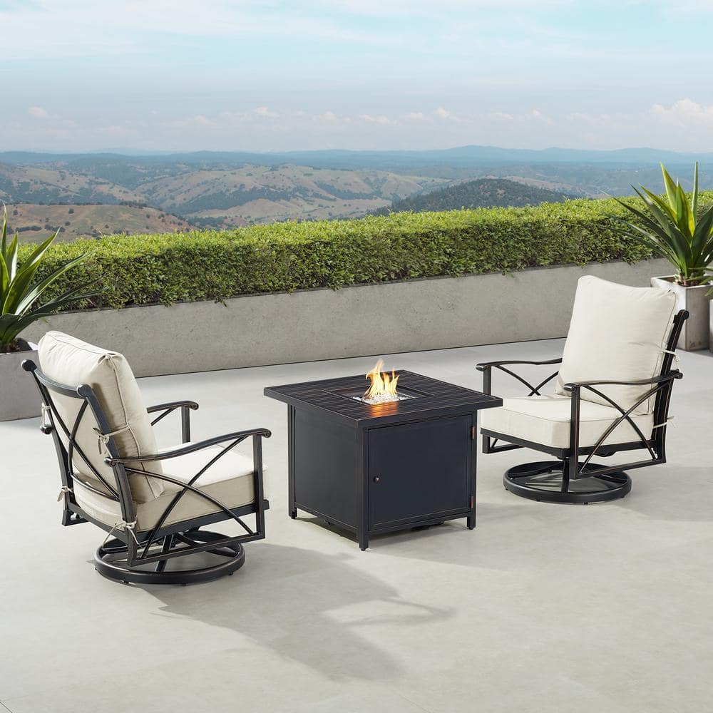 Oakland Living Black Aluminum Fire Table Bistro Set with 2-Club