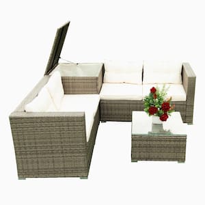 4-Piece Patio Wicker Rattan Furniture Outdoor Sectional Set with Creme Cushion and Storage Box