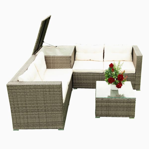 Boosicavelly 4-Piece Patio Wicker Rattan Furniture Outdoor Sectional Set with Creme Cushion and Storage Box