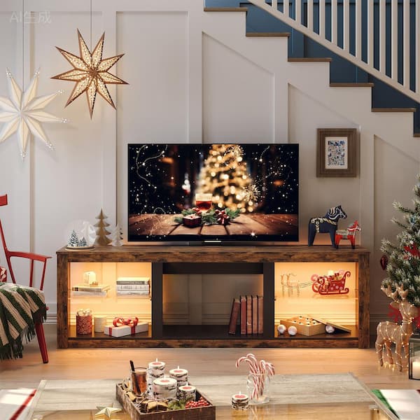 70 in. Rustic Brown TV Stand Fits TV's Up to 75 in. with Tempered Glass Shelves LED Lights and Large Open Storage