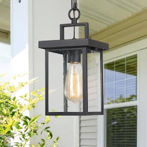 1-Light Black Square Outdoor Pendant Light for Patio Modern Outdoor Hanging Light with Seeded Glass Shade