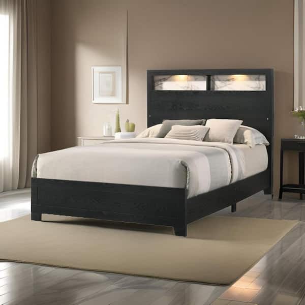 Benjara Black and White Wood Frame Queen Platform Bed with Headboard and Shelves