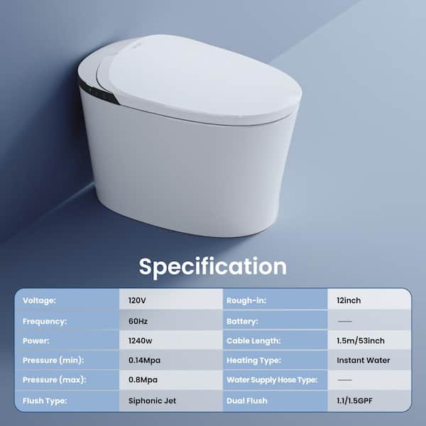 Elongated Electric Bidet Toilet 1.1/1.5 GPF in White with Heated Seat, Foot Sensor Auto Flush, Soft Close