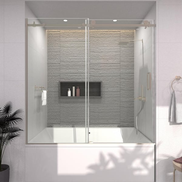 TaiMei 60 in. W. x 60 in. H Sliding Semi Frameless Tub Door in Brushed Nickel Finish with Clear Glass
