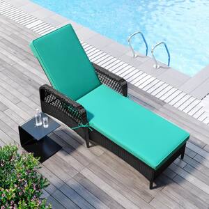 Black 1-Piece Wicker Lounge Chair, Outdoor Recliner, PE Rattan Chaise Lounger with Green Cushion and Adjustable Backrest