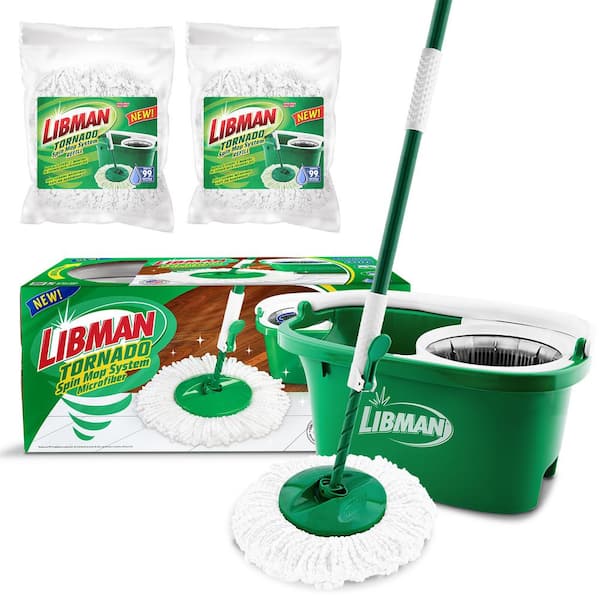 Libman Microfiber Tornado Wet Spin Mop and Bucket Floor Cleaning System with 2 Refills, Green & White