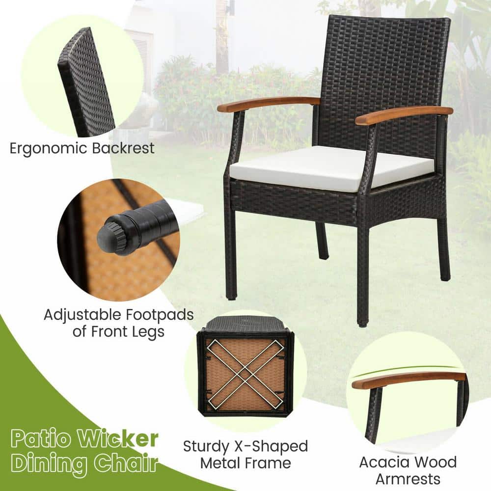 Set of 4 Brown Wicker Dining Chairs with Off-White Cushions