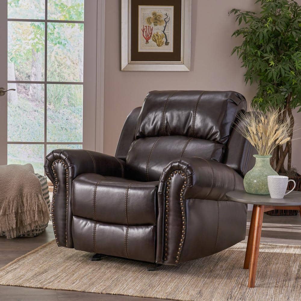 Gavin Dark Brown Bonded Leather Glider Recliner with Wood Accents