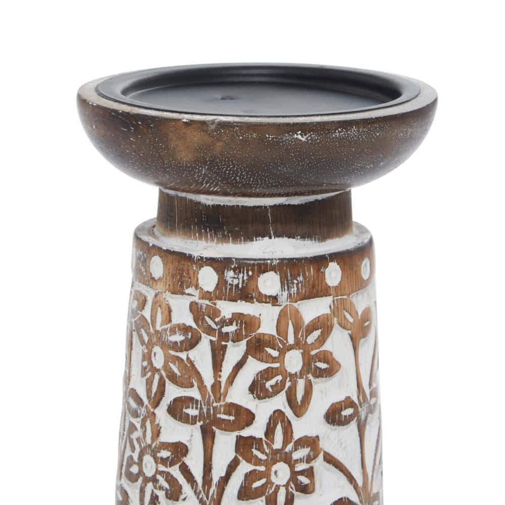 Coastal Charm Mango Wood Carved Pillar Candle Holders, Set of 3