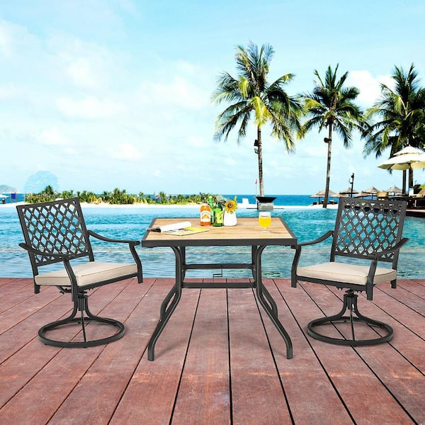 3-Piece Patio Bistro Wood Outdoor Dining Set 360-Degree Swivel Rocker Chair Square Table Deck with Beige Cushions