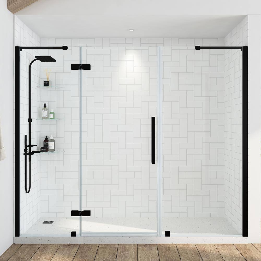 OVE Decors Tampa 89 3/8 in. W x 72 in. H Pivot Frameless Shower Door in Black With Shelves -  828796083607