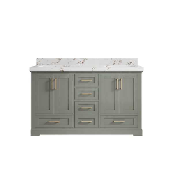 Willow Collections Boston 60 in. Double Sink Freestanding Evergreen Bath Vanity with Viola Brown Quartz Top Unassembled