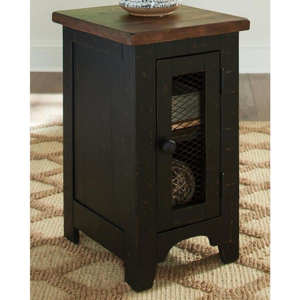 Signature Design By Ashley Valebeck 14 in. Black/Brown Rectangle Wood Chairside End Table with Cabinet and Shelf