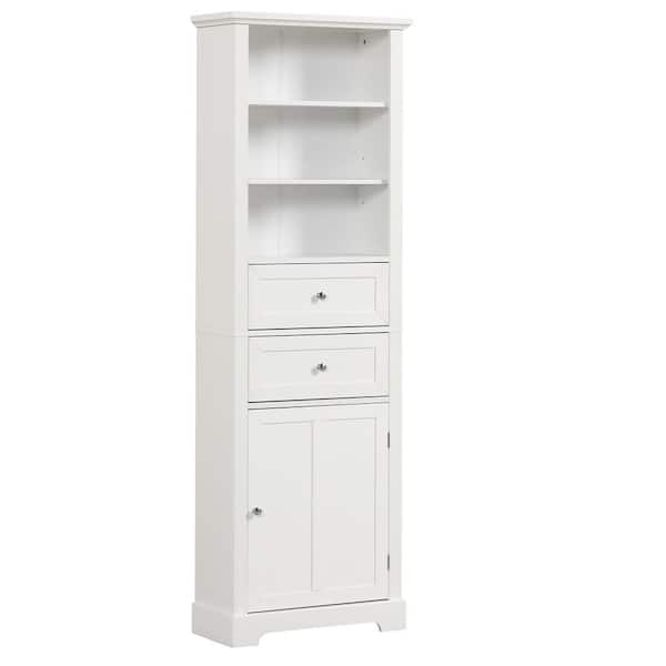 Tatahance 22 in. W x 10 in. D x 67 in. H White MDF Board Freestanding Storage Linen Cabinet with Door and Drawers