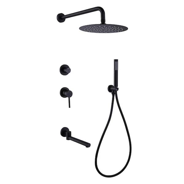 Satico 2 Handles 3-Spray Wall Mount Fixed and Handheld Showerheads 6.6GPM in Black (Embedded Box Included)