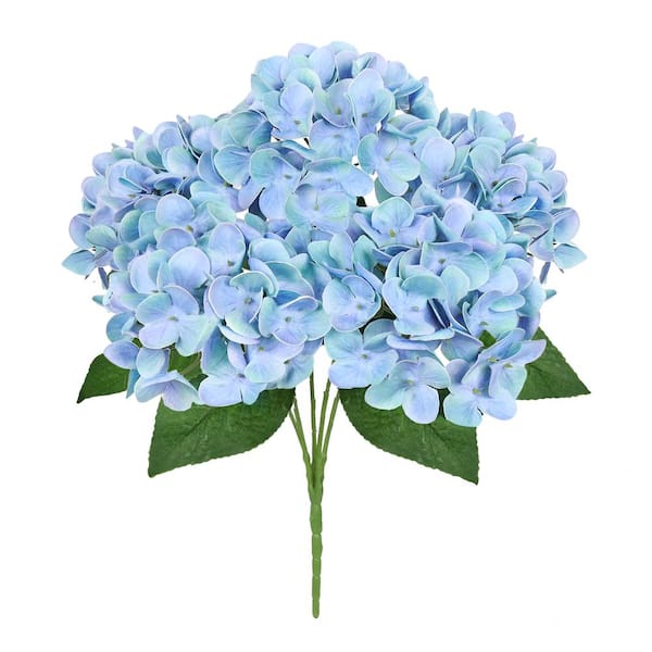 LIVING LUXURY 17 in. Natural Touch Blue Periwinkle Artificial Hydrangea Flower Stem Bush Bouquet (Set of 2)