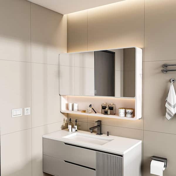 35 in.W x 28 in.H 3-Door Rectangular Aluminum Medicine Cabinet w/ Mirror, 3-Color LED Light, Hair Dryer Holder in Khaki