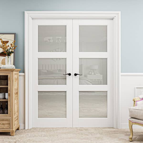64 in. x 80 in. 3-Lite Frosted Glass Universal White SolidCore Glass Double Prehung French Door Plus Quick Assemble Jamb