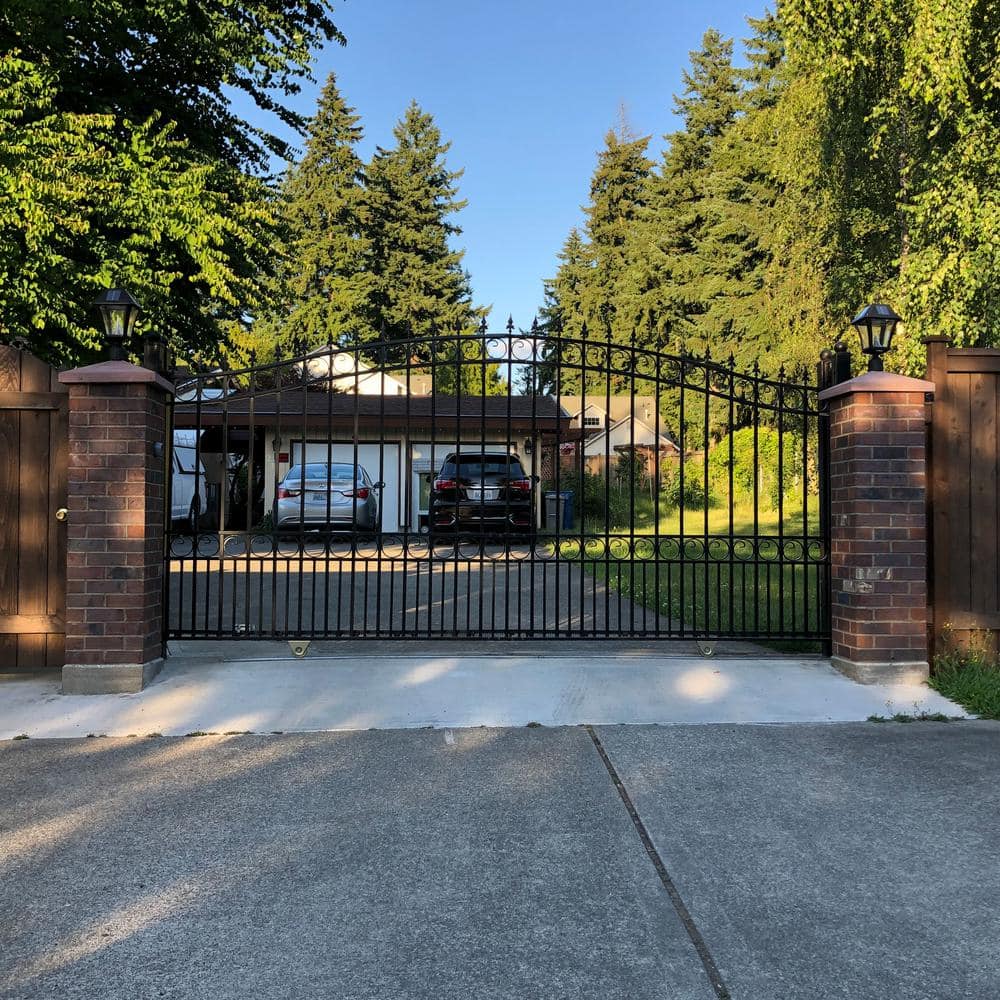 Black Steel Arched Sliding Driveway Gate with Pedestrian Gate