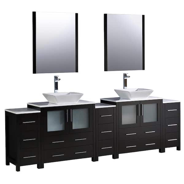 Fresca Torino 96 in. Double Vanity in Espresso with Glass Stone Vanity Top in White with White Basins and Mirrors